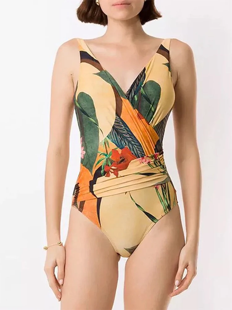 Fashion Printed One Piece Swimsuit Women 2023 Tummy Control High Waisted Bikini Set Sexy Backless Swimwear for Beach Vacation