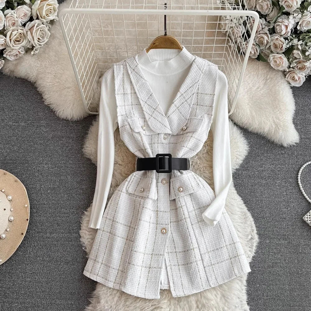 New Fashion Vintage 2 Piece Set Women Winter AUtumn Plaid Tweed Vest Jacket Pearl Button Belt V Neck Waistcoat Knitting Sweater