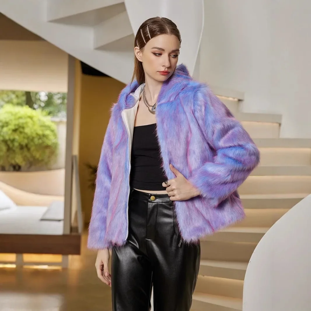 

Bright Gradient Women Winter Mink Fur Coat Desinged Furry Hood Zipper Eco Fur Jacket For Female Street Chic Lady Faux Fur Coat