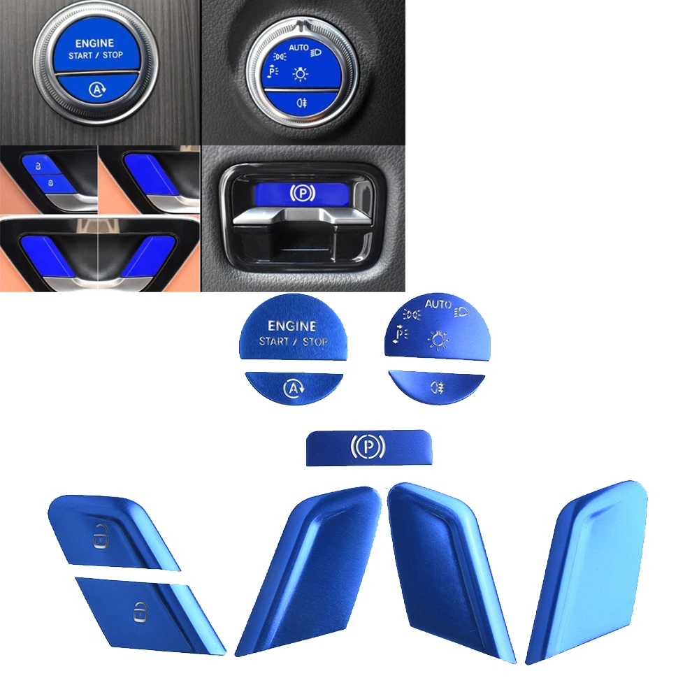 

10pc Car Start Stop Headlight Switch Button Door Lock Cover Handbrake Button Sticker AluminumAlloy For Mercedes C-Class W206C200