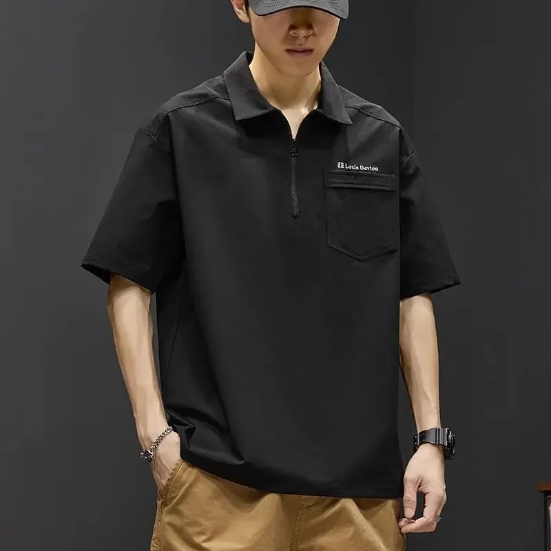 

Mens with Collar T-shirt Green Black Plain Zipper Men's Clothing 2025 Music Loose Stylish Aesthetic Original Xl Male Polo Shirts