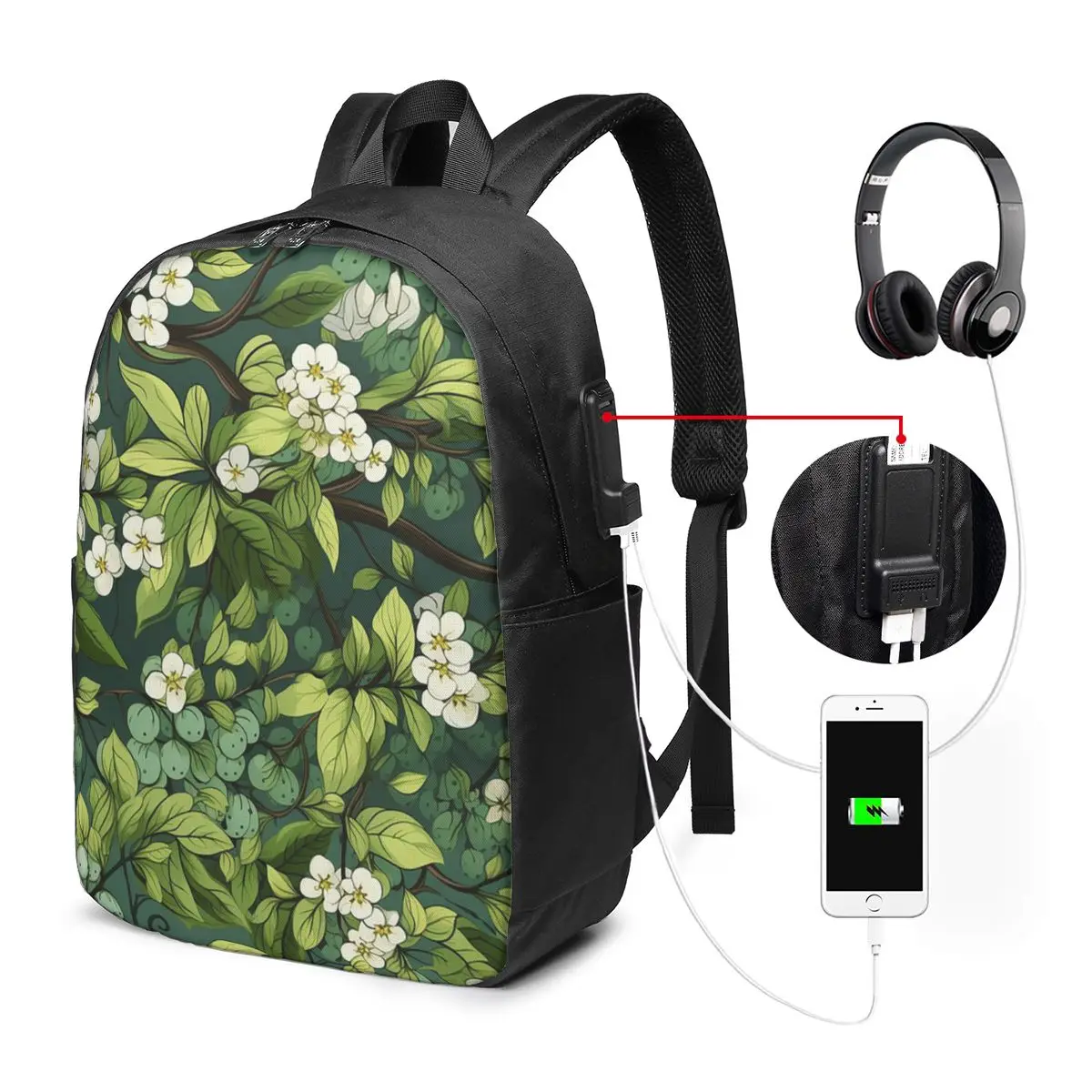 Pattern Of Green Leaves And White Flowers Backpack Travel Notebook Bag Computer College Student School Bag Laptop Shoulder Bags