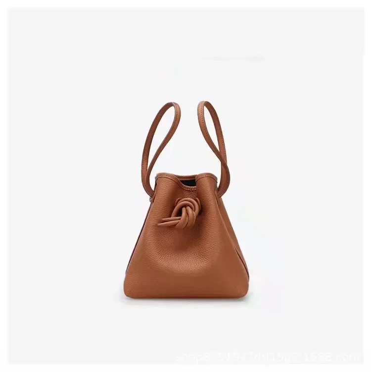 

Japanese Niche Design Lychee Pattern Top Layer Cowhide Bucket Bags Drawstring Shoulder Crossbody Bag Vegetable Basket Handbag