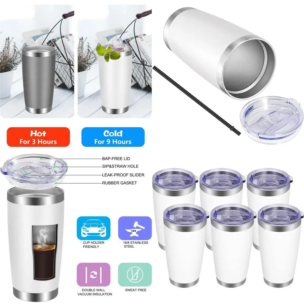 

Стакан из нержавеющей стали с порошковым покрытием, 20 унций, с крышкой и соломинкой, набор дорожных кружек с двойными стенками и вакуумной изоляцией (6 шт., белый)