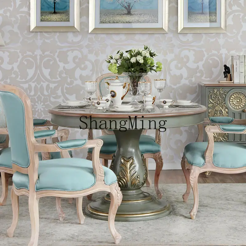 FG good-looking  round dining table and chairs combination oak carved neoclassical restaurant solid wood tables and chairs