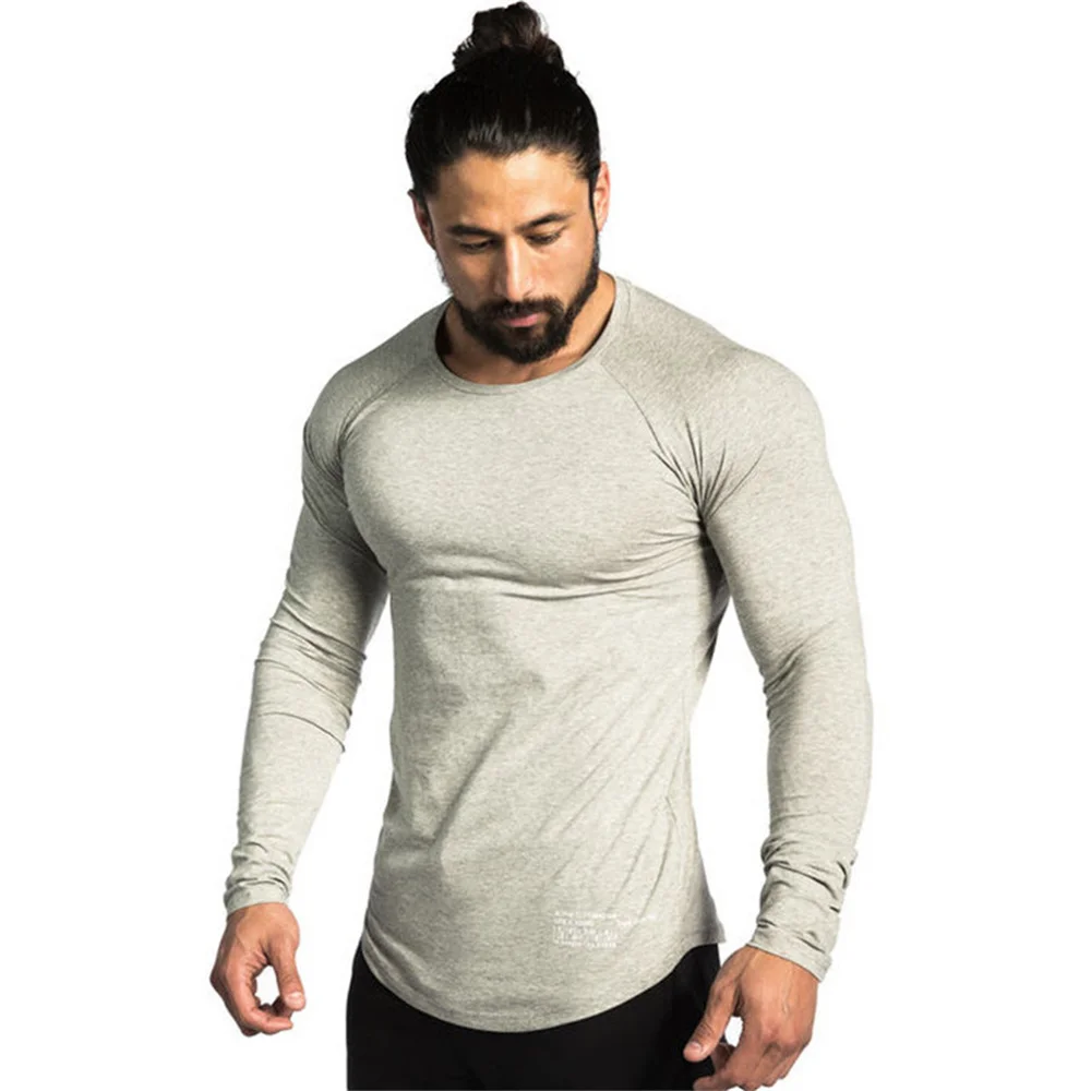 Casual Skinny T-shirt Men Long Sleeves Tees Tops Gym Fitness Cotton Shirt Male Autumn Running Sport Workout Training Clothing