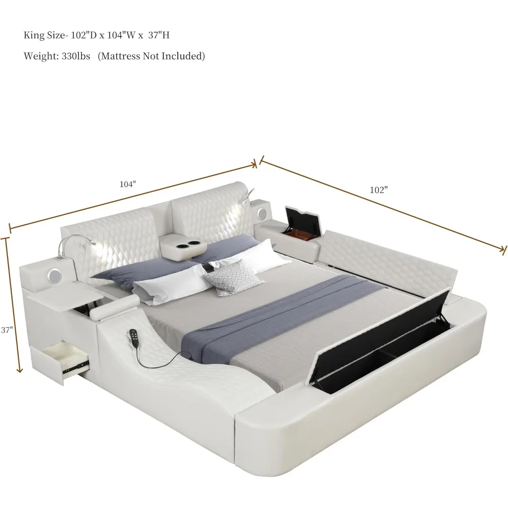 King Size Smart Bed,Multifunctional Leather Bed Frame Massage Recliner/Adjustable Headboard/Music Speaker/USB Port/Storage Space