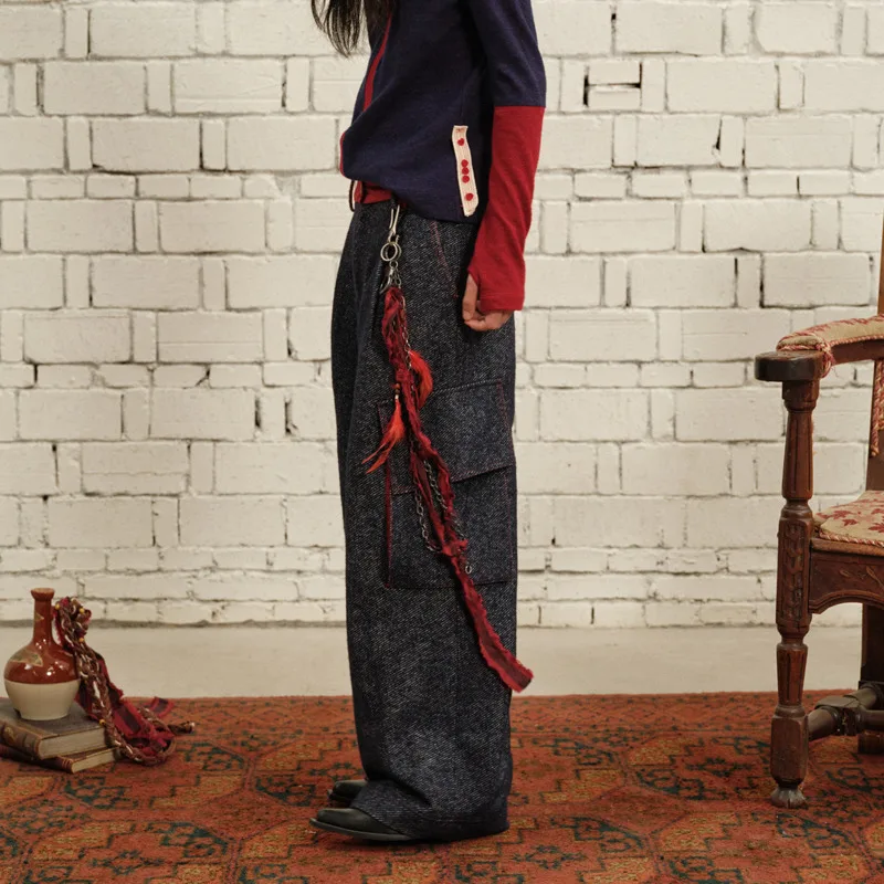HKSH 2026 Pring Autumn New Men Tide Dark Niche Design Denim Texture Wool Safari Style Cargo Pants Wide-Leg Overalls Chic HK20346