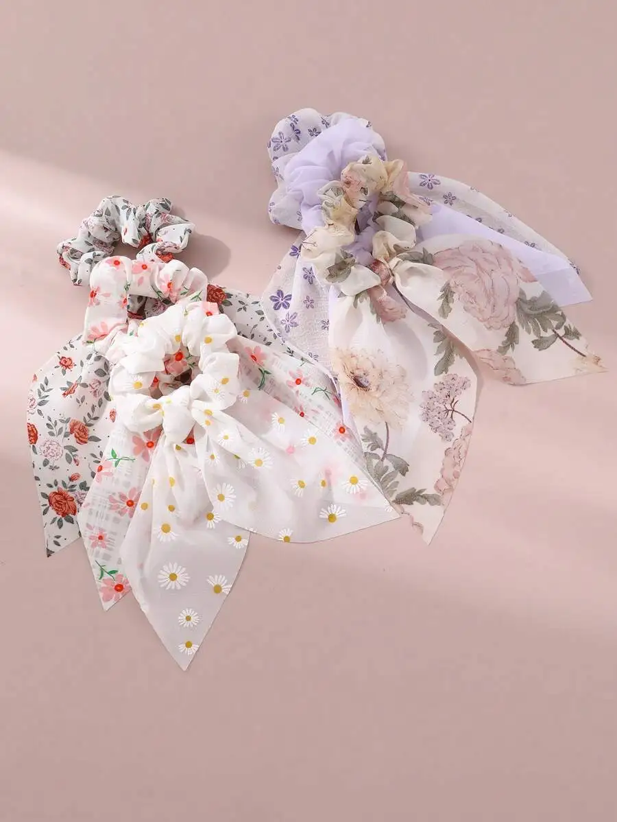 

6pcs Womens Floral Printed Rabbit Ear Scrunchies Hair Ties Boho Elastic Hair Bands For Daily Wear