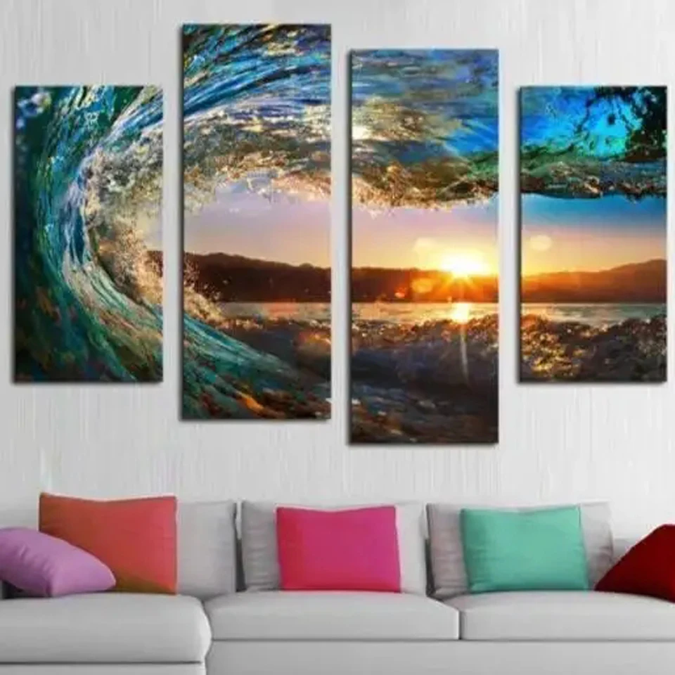 4 pcs Diamond Painting 5D Full Square/ Round Drill Wave Landscape Diamond Mosaic Rhinestone Embroidery Cross Stitch Picture