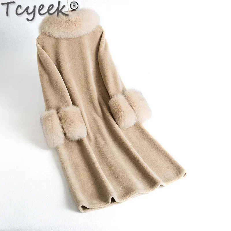 Tcyeek 100% Wool Jacket Warm Fox Fur Collar Fashion Sheep Shearling Coat Winter Jackets for Women Mid-length Women's Fur Coat