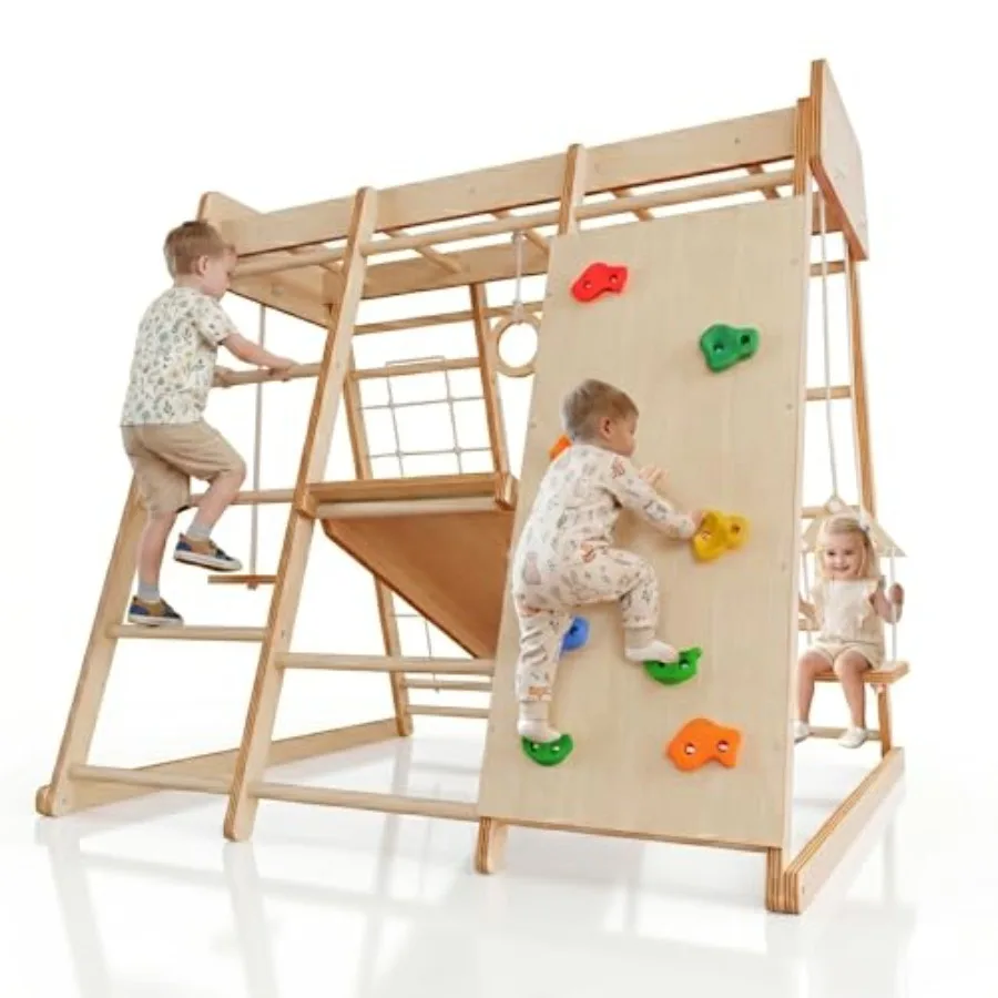 

Indoor jungle gym for kids 2-6: solid wood natural finish Montessori-inspired climber with slide climbing net monkey bars swing
