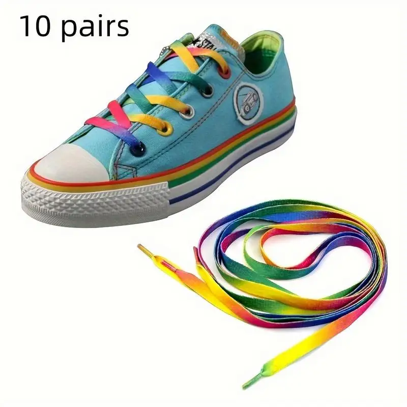 10 Pairs Rainbow Color Flat Shoelace Canvas Athletic Casual Shoes Laces String Gradient Colorful