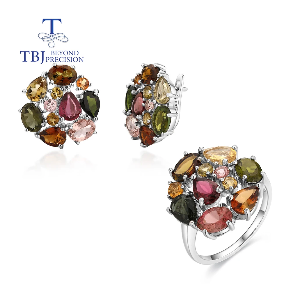 

925 Sterling silver light luxury multi-colored natural tourmaline ring earrings summer new women anniversary party wedding gift