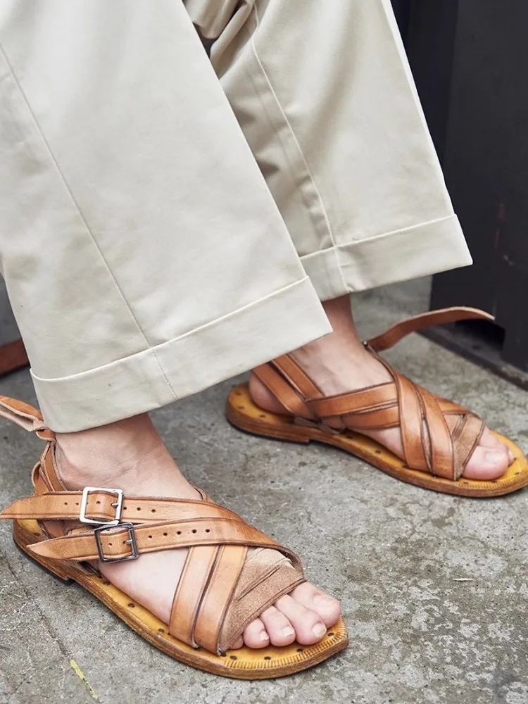 Handmade Mens Cowskin Genuine Leather Sandal Vintage Design Weave Strap Buckle Flat Shoes Casual Summer Gladiator Sandals Male