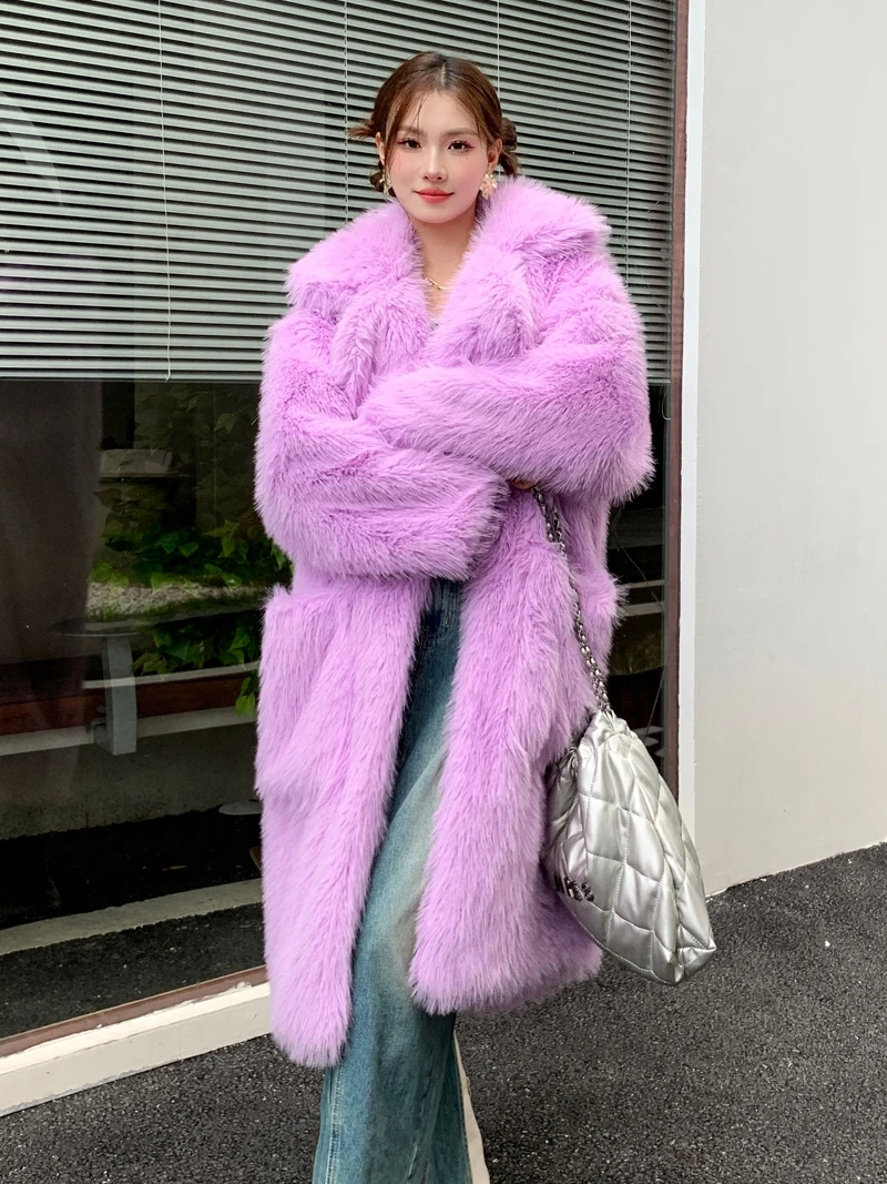 Lady Light Purple Eco-friendly Faux Fur Coat Female Lapel Suit Artificial Wool Long Jacket Winter Women\'s Coats Promotion