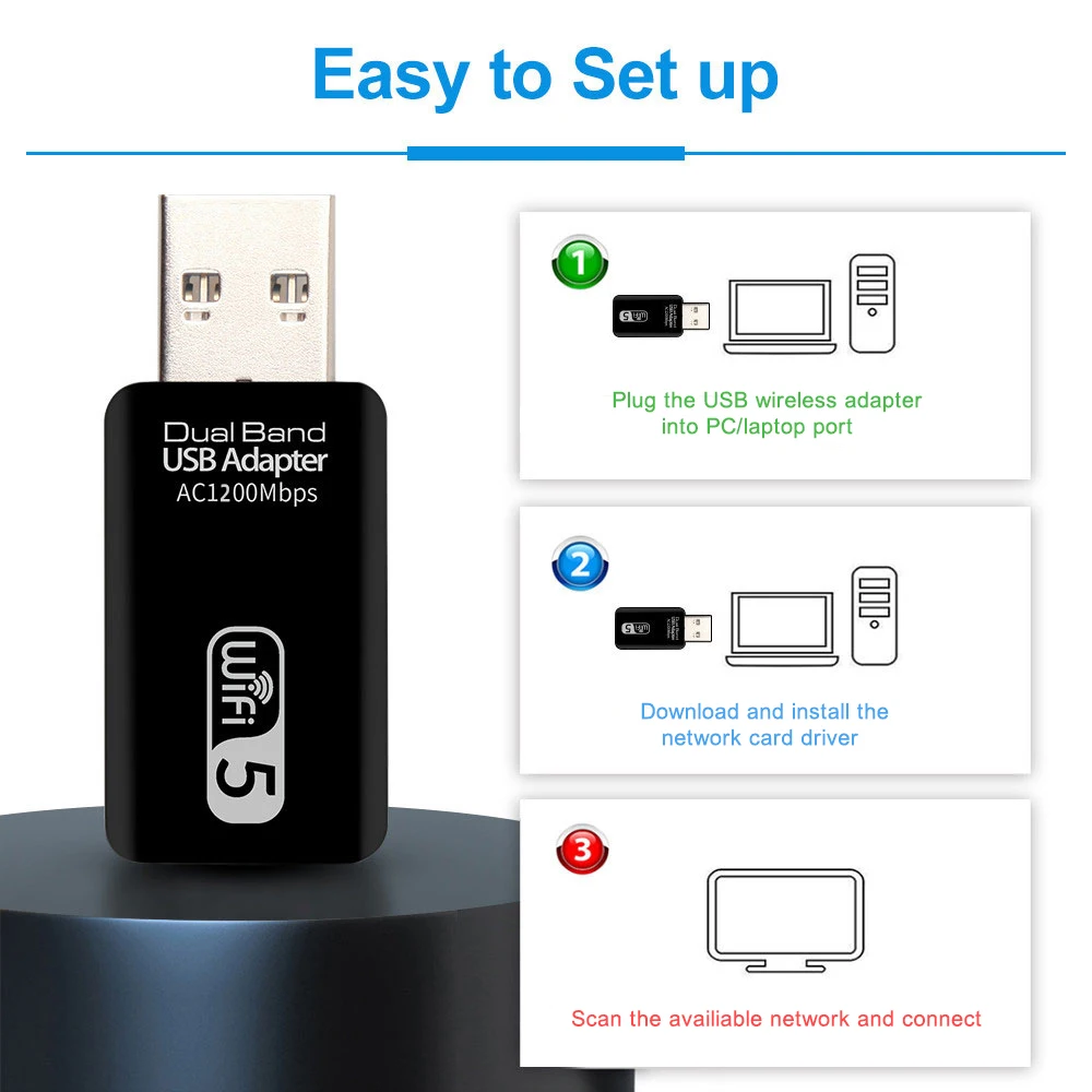 Kebidumei Adattatore WiFi USB Scheda di rete 5Ghz AC1200Mbps Dual Band 2.4G 5G USB3.0 Adattatore Ethernet Ricevitore dongle USB per laptop