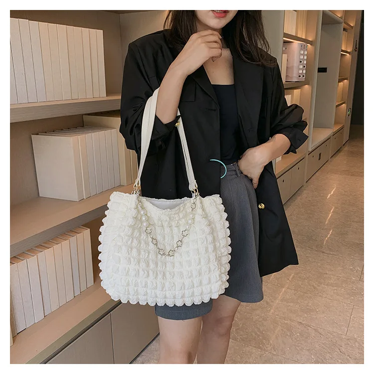 Pink Korean Style Pleated Women Tote Bags Large Capacity Pearl Chain Ladies Commute Packs 3 Colour Female Single Shoulder Bags