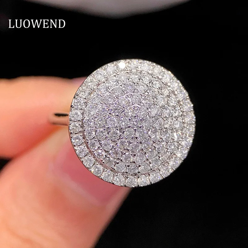 

LUOWEND 18K White Gold Ring 1.0carat Natural Diamond Ring Luxury Round Halo Design for Women Wedding Engagement Party