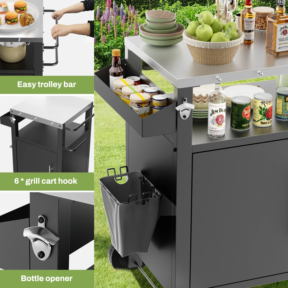 Outdoor barbecue cart with courtyard furniture, outdoor barbecue table with storage function, movable bar cart with hooks and spice rack, stainless steel handle and stainless steel tabletop, easy to clean and leave no marks for barbecue accessories