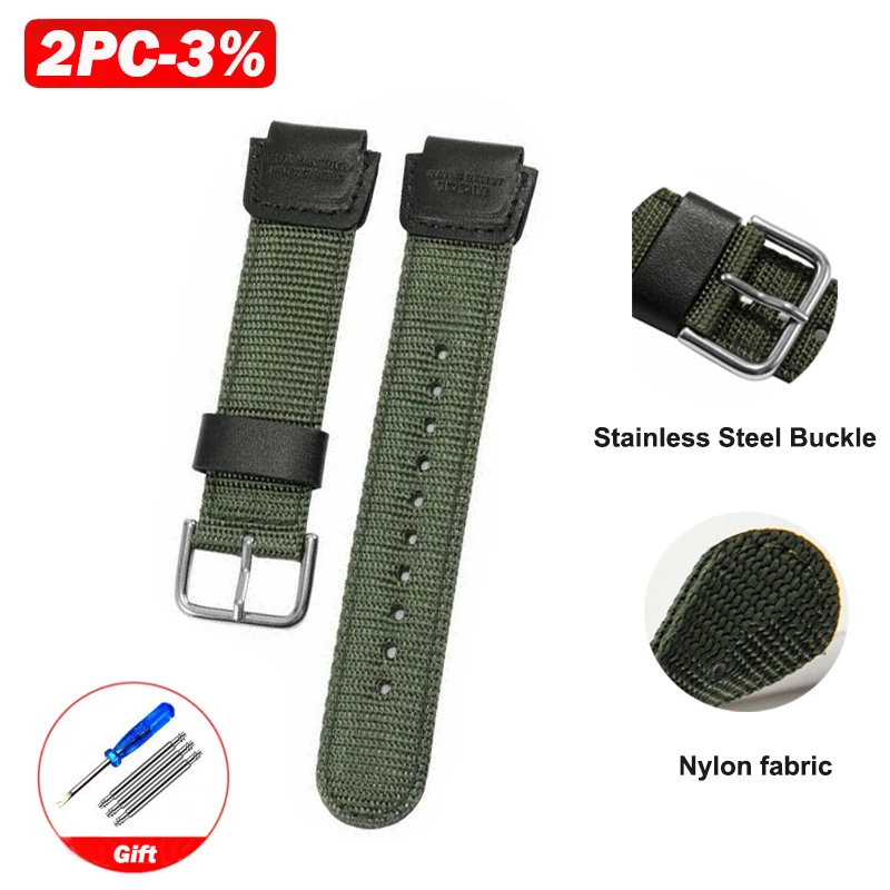 18mm Green Black Nylon Watch Band Strap Fit for Casio G Shock W-S200H W-800H W-216H W-735H F-108WH W-215 AEQ-110W /SGW-300H/400H