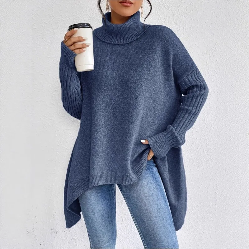 

Casual Chic Women's Sweater Pullovers Winter Oversize Knitted Solid color Thick Loose Irregular hem Long Sleeve High-neck Top