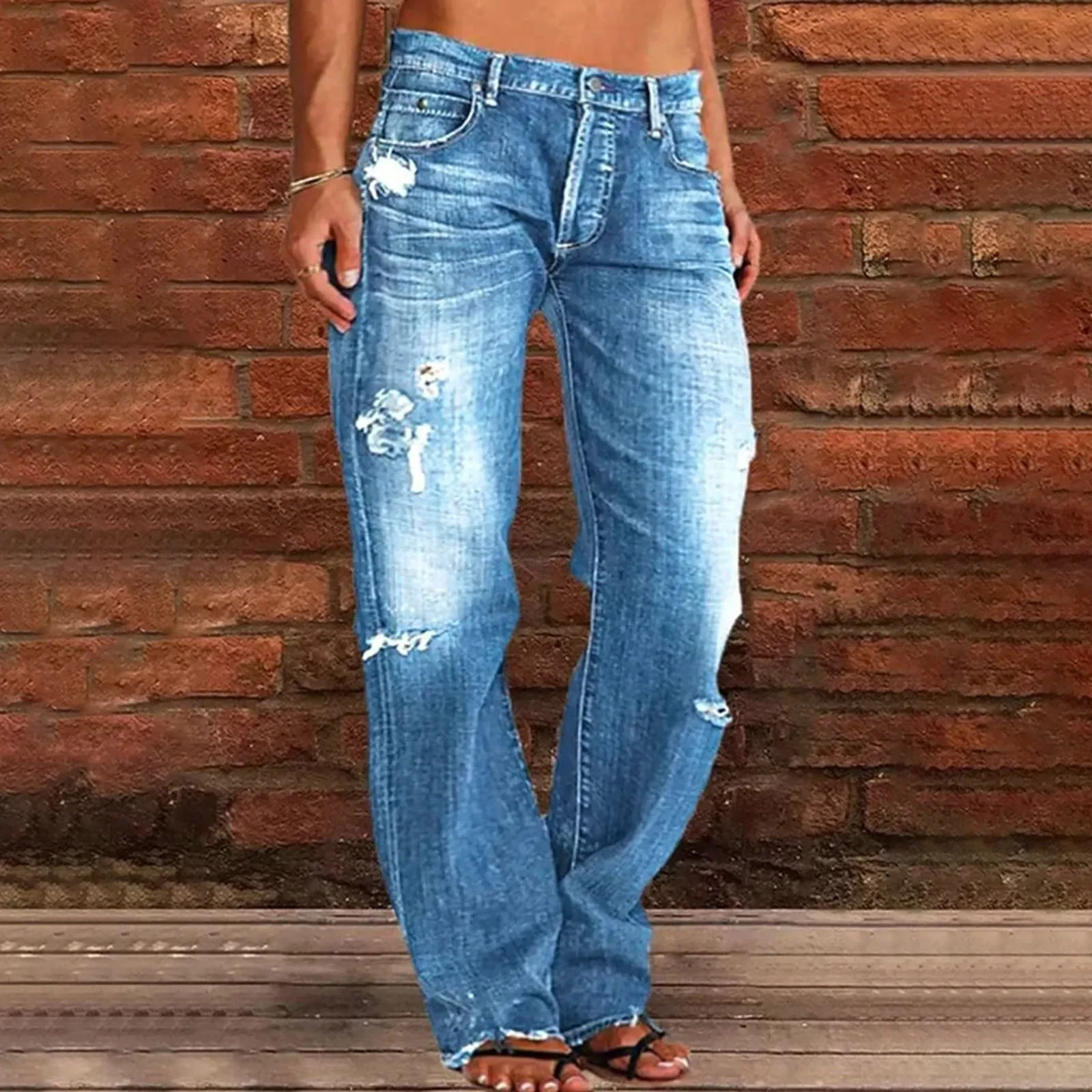 Jeans a gamba dritta per donna Jeans a vita bassa con orlo strappato cargo a vita alta Pantaloni elasticizzati tinta unita casual Streetwear 2024