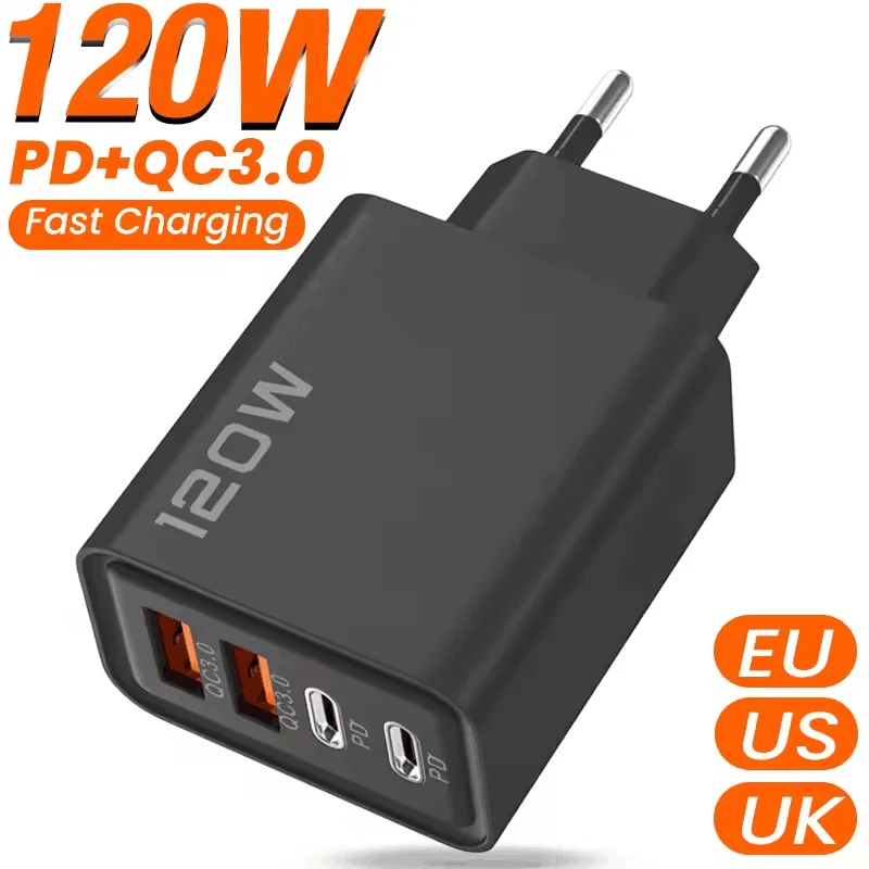 120W 4 Port USB Charger PD Type C Fast Charging EU/US/UK Plug Wall Charger For iPhone Samsung Xiaomi Phone Charger Power Adapter