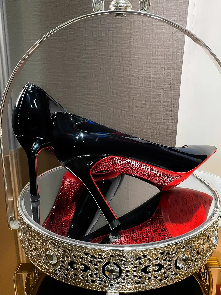 2024 New Water Diamond Red Sole High Heels Women's Thin Heels Sexy Pointy Side Air Black Lacquer Leather Single Shoes