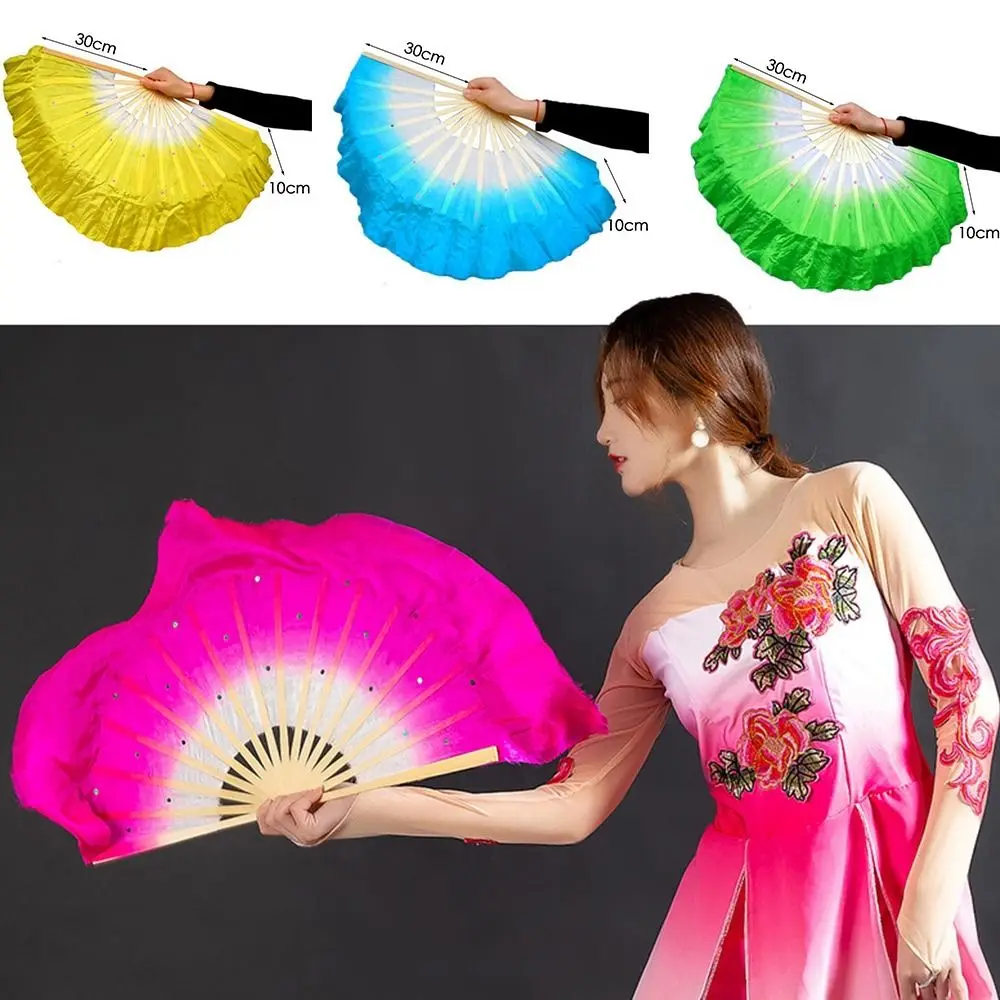 

Chinese Short Bellydance Fan 30cm Bamboo+10cm Half Circle Silk Veil Pairs Yangko Dance Bamboo Fans Hand Dye Adults Hot Sell