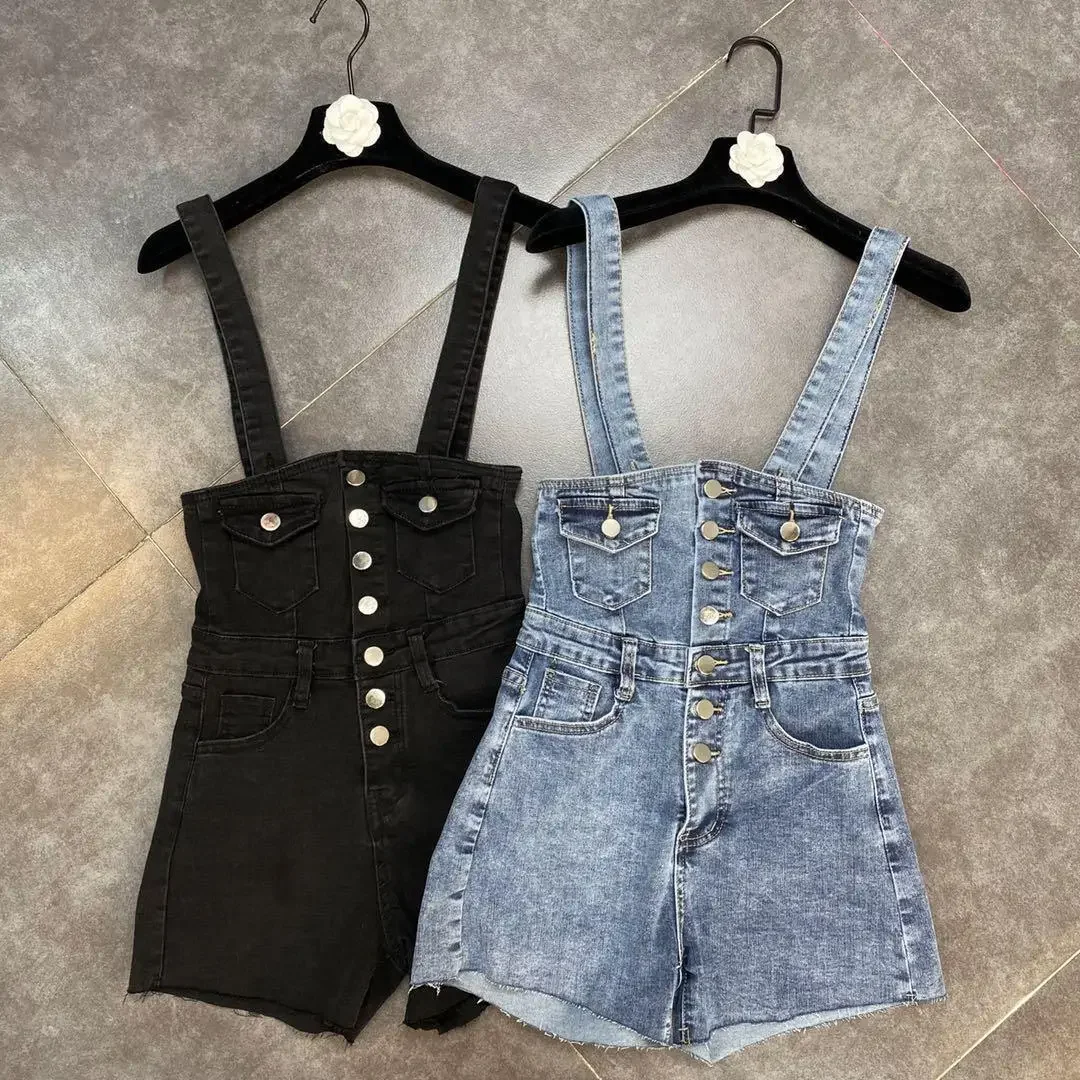Summer Pocket Design 7 Buttons To Close The Waist Tight-fitting High-waist Denim Strap Shorts Fashion Women's Hot Pants