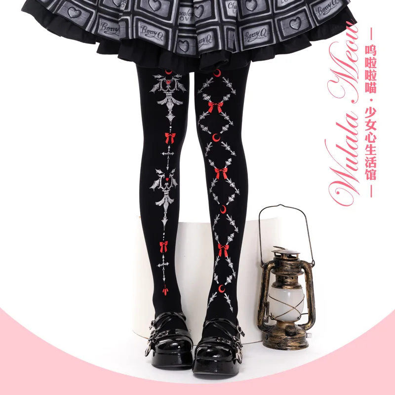 

Japanese Original Spring and Autumn Lolita Printed Pantyhose Dark Gothic Girl Red Black Sweet Cool Socks Velvet Women