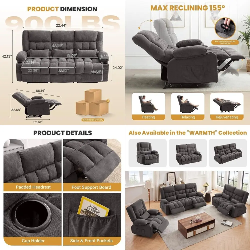 

Recliner Sofa Set, Manual Reclining Sofa with Overstuffed Armrest for Living Room,Bedroom Furniture,Office,3 Seat Light Brown