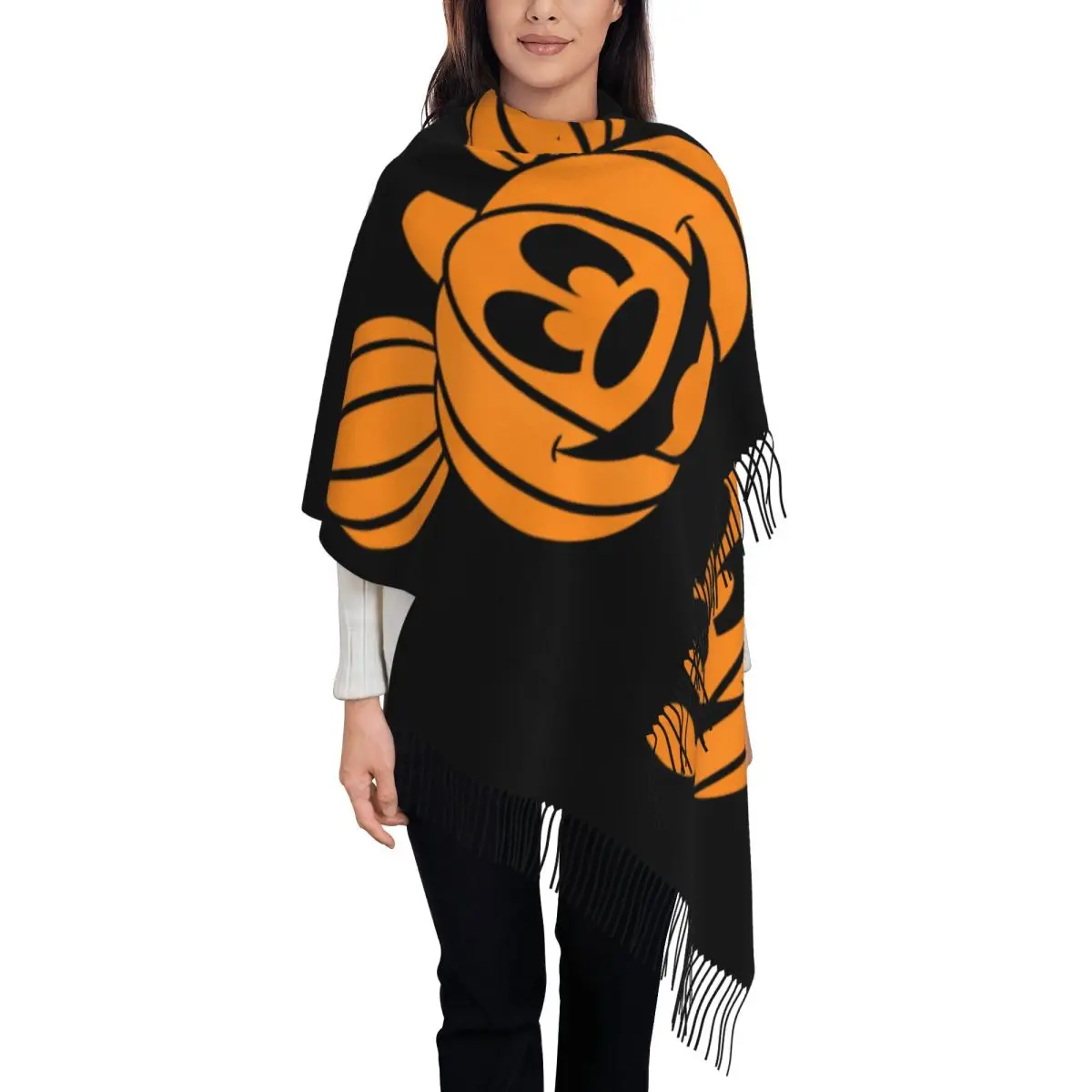 

Custom Mouse Halloween Pumpkin Head Tassel Scarf Women Winter Warm Shawl Wrap Lady Scarves