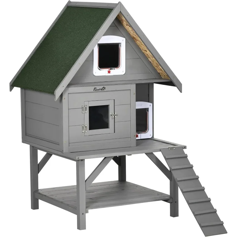 Wooden Cat House Outdoor with Escape Door, Weatherproof 3-Floor Cat Shelter with Asphalt Roof, Balcony, Stair, Gray