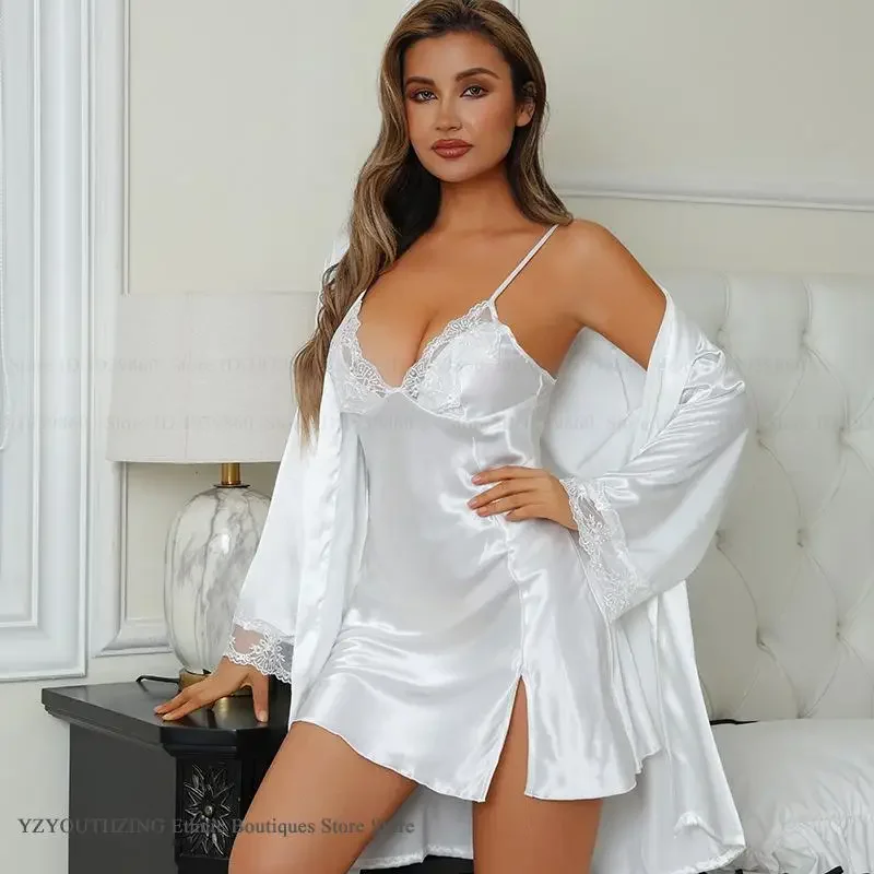 

Spring Summer Twinset Robe Set Women Sleepwear Sexy Lace Suspender Nightgown Home Dress Lingerie Silky Satin Bathrobe Loungewear