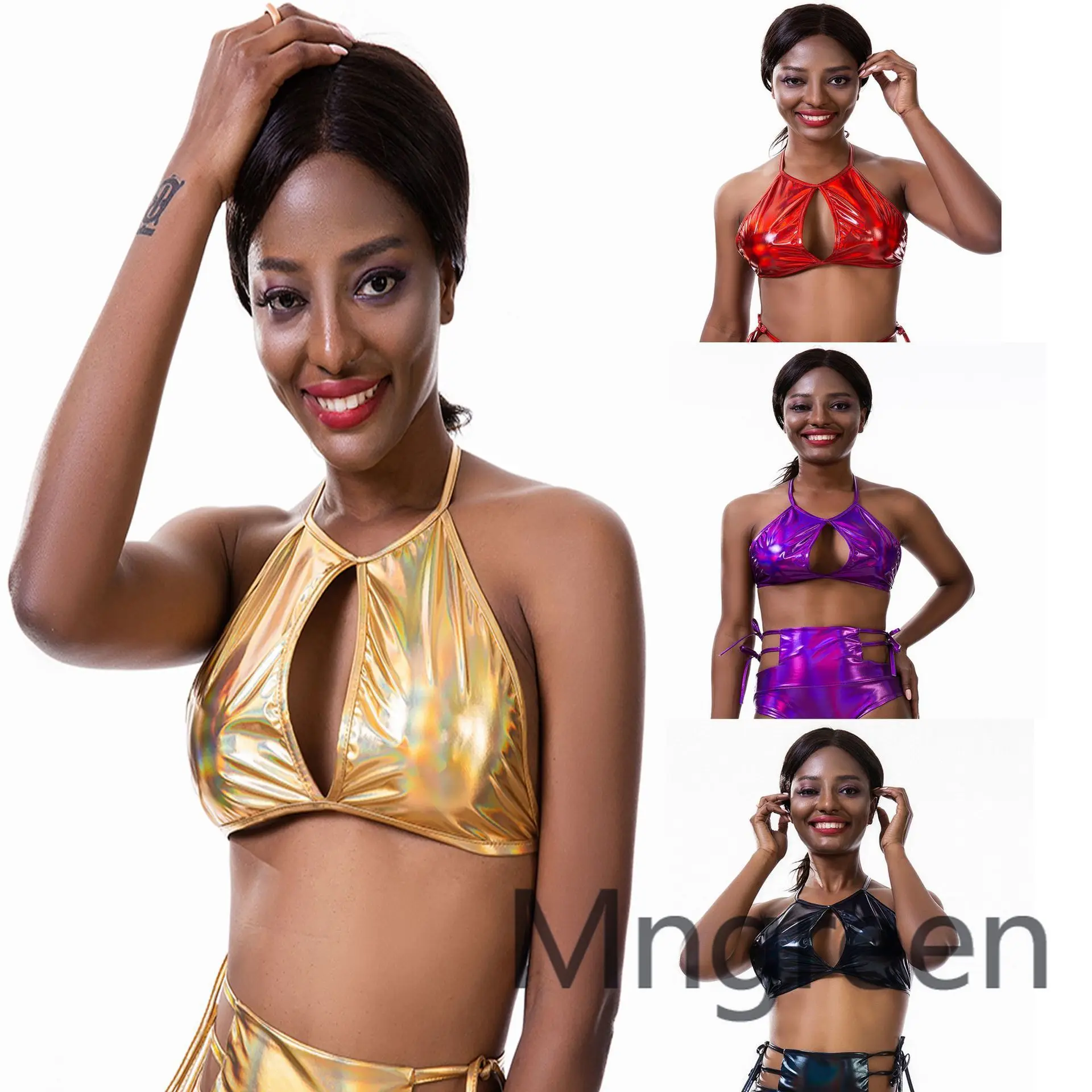 

2025 new factory price, bright leather stage nightclub performance women's clothing, magic metal sexy beach swimsuit