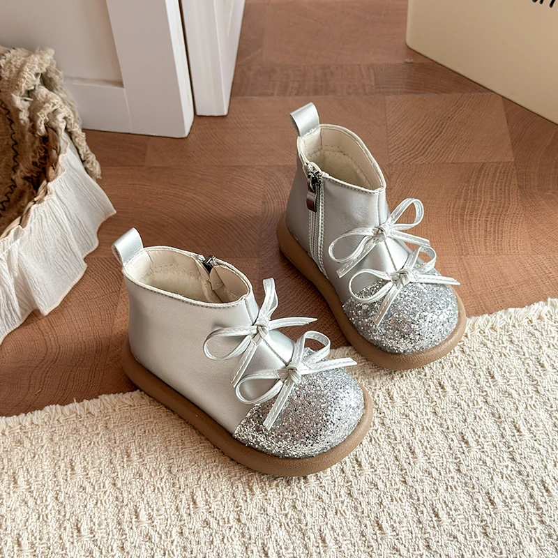 Little Girls Glitter Bow Winter Boots, Glossy PU Plush Lined Inner Zipper Non-Slip Thick Sole Warm Boots