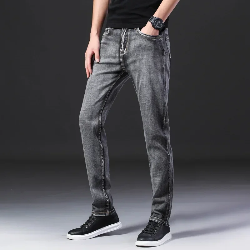 Pantalones vaqueros grises finos de estilo clásico de verano para hombre, Pantalones rectos de mezclilla elásticos de alta calidad a la moda de negocios, pantalones de marca para hombre