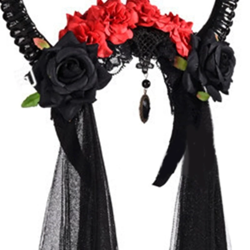 Gothic Sheep Horn Rose & Tulle Decorative Headband Devil Headpiece Halloween Headdress Headwear Cosplays Hair Accessory