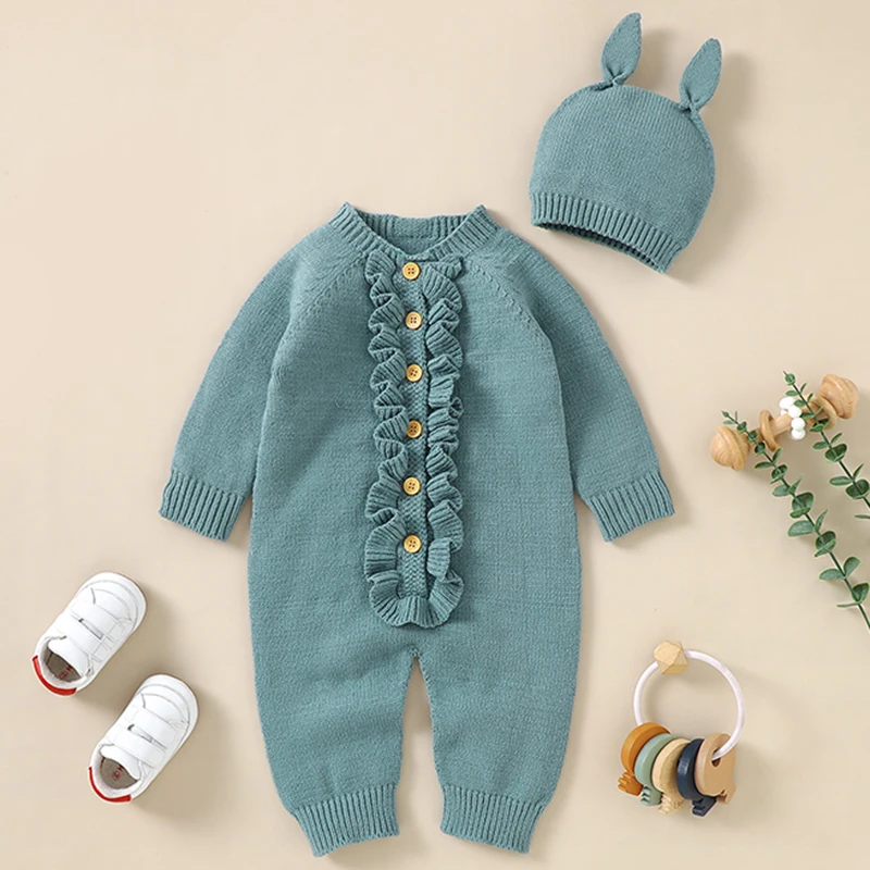 Baby Girls Rompers Clothes Autumn Ruffle Long Sleeve Knitted Newborn Infant Boys Onesie Hats Outfits Toddler Children Jumpsuits