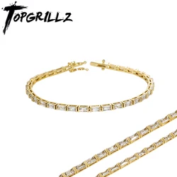 Topgrillzカップルブレスレット3/5ミリメートルバゲットテニスチェーンゴールドカラーブレスレット高品質銅ヒップホップギフト用のファッションジュエリー