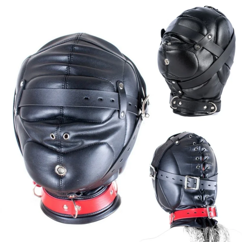 

Black PU Leather Sexy Full Face Masks Hood for Fetish Cosplay Party Games Face Mask Metal Buckle Punk Hood Adult Role Play