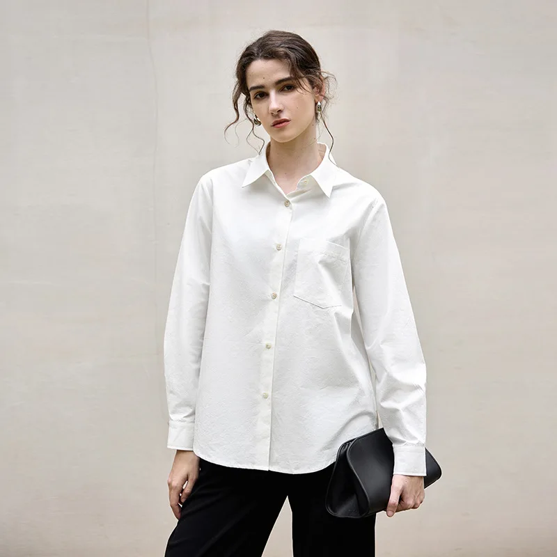 Camicetta bianca da donna in cotone e lino Manica lunga monopetto Colletto rovesciato Camicie da donna da ufficio larghe e casual alla moda