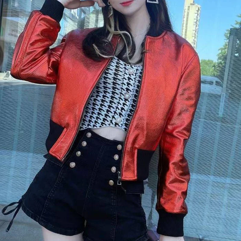 Lady Luxury Leather Jackets 2023 New Spring Autumn Fashion Shiny Coat Genuine Sheepskin FG5439