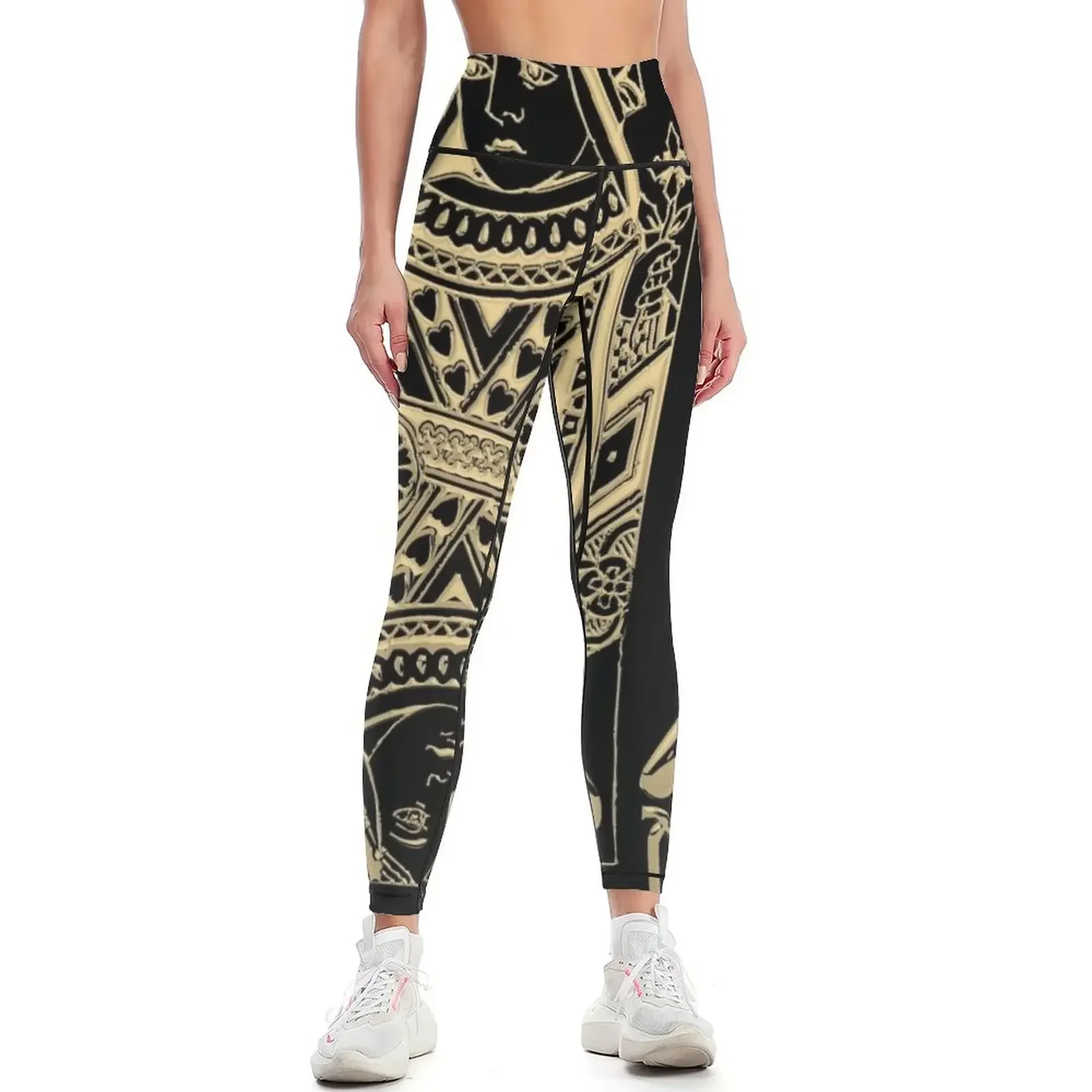 

Queen of Hearts in Gold over Black Leggings sport pants Women's high waist joggers for sports for Womens Leggings