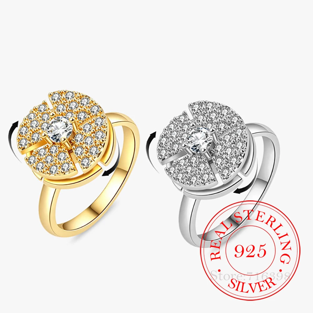 925 Sterling Silver Jewelry Vintage Crystal Rotatable Disc Finger Rings for Women Wedding Party Jewelry For Girls Friends Gift