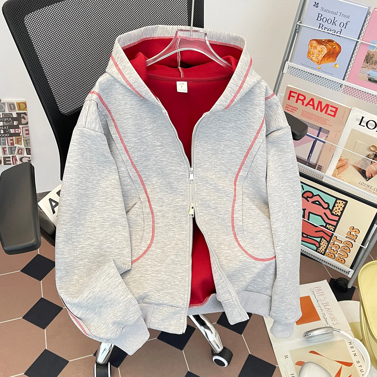 

Heavyweight Hoodie Sweatirt Men's Trendy American Double Zipper Loose Versatile Sportswear Jaet for Couples ey Color