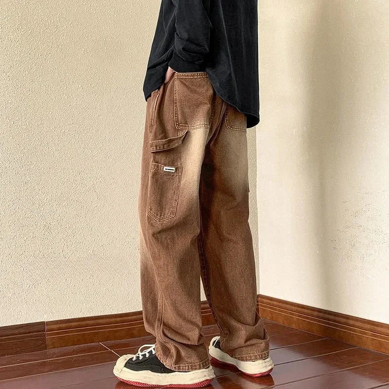 

Trousers Cargo Straight Male Cowboy Pants Brown Jeans for Men 2024 Korean Autumn Trend Cotton New in Style Y 2k Vintage Regular