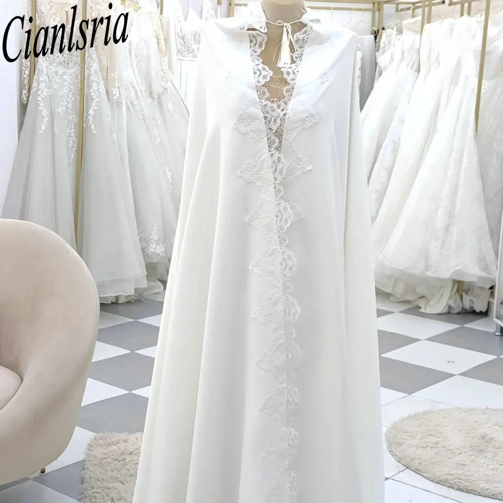 Lace Applique Hooded Satin Long Bridal Cape White Floor‑Length Wedding Cloak Front Lace Trim Bridal Cover for Wedding